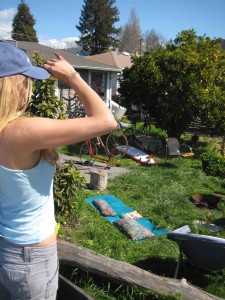 Mason watches over the garden as she stands in the green bin